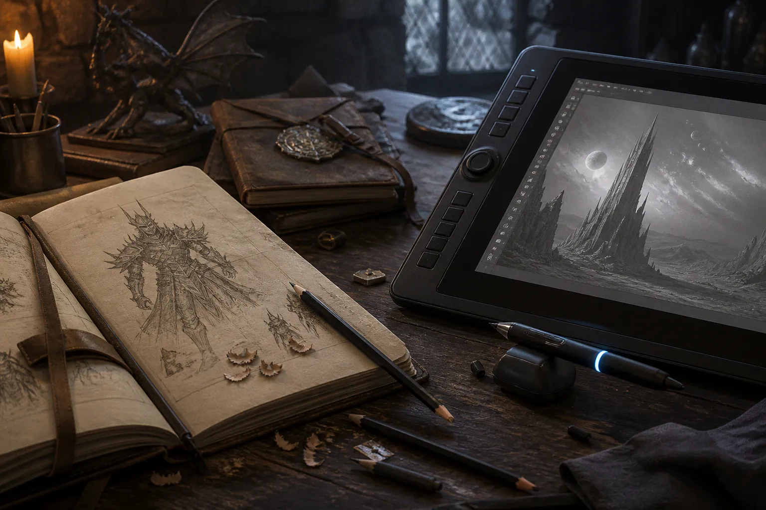 Digital painting tablets or traditional sketchbooks for artists