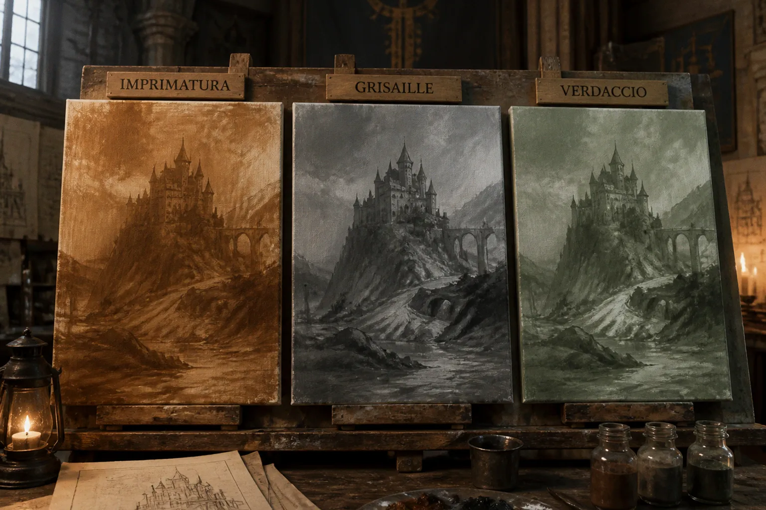 Fantasy underpainting: grisaille, verdaccio, or imprimatura