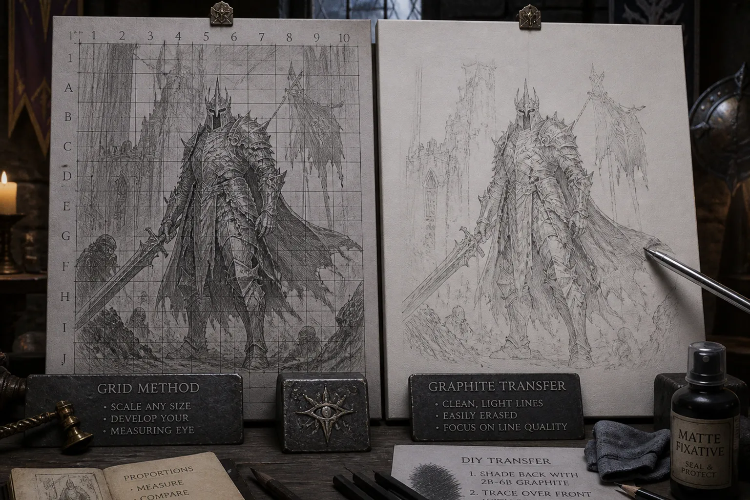 Sketch transfer to canvas: grid vs carbon paper