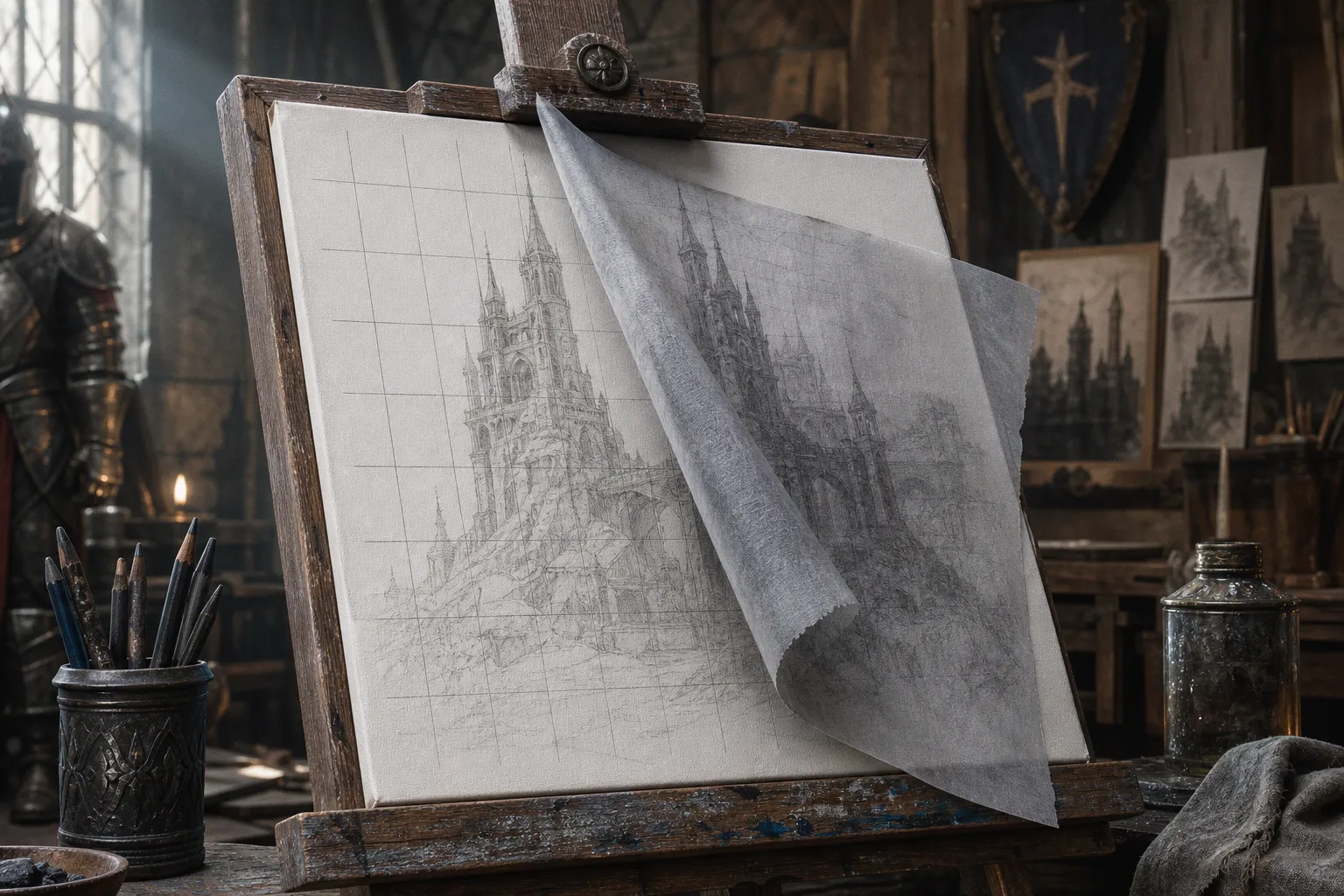 Sketch transfer to canvas: grid vs carbon paper