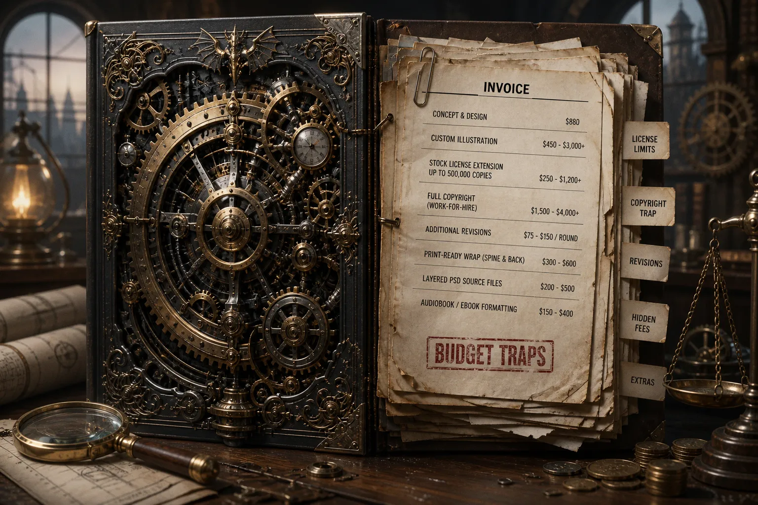 Steampunk book cover design: budget traps in artist hiring