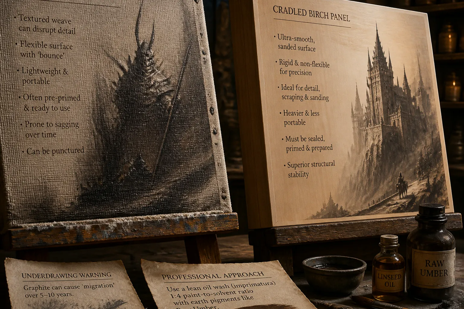 Wood panels vs stretched canvas for fantasy oils